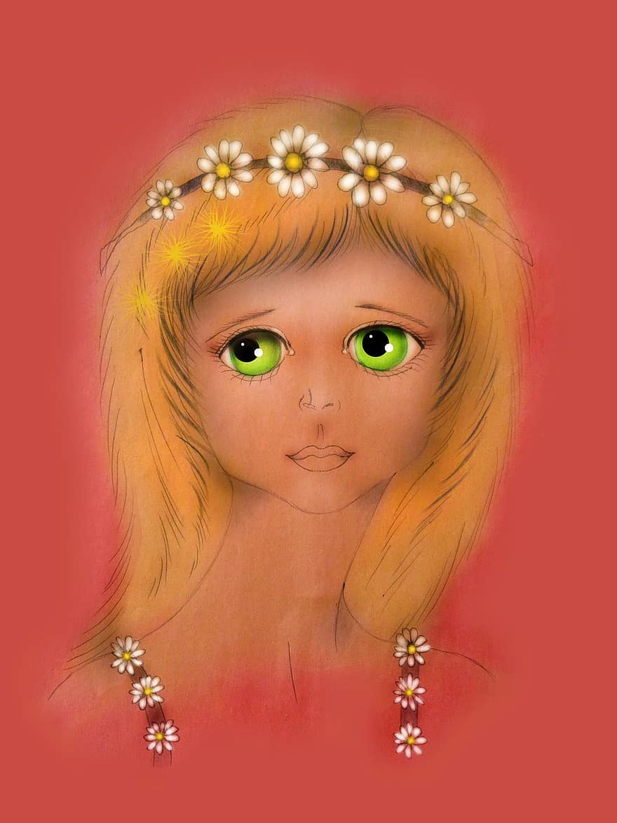 Girl, Wreath, Green Eyes, Chamomile, Flowers, Portrait, Blonde, Flower, Tales, Story