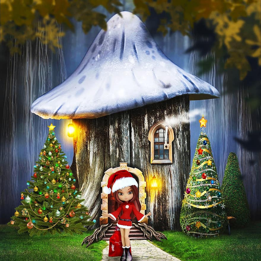 House, Elf, Forest, Christmas, Fantasy, tree, celebration, winter, night, christmas tree, season