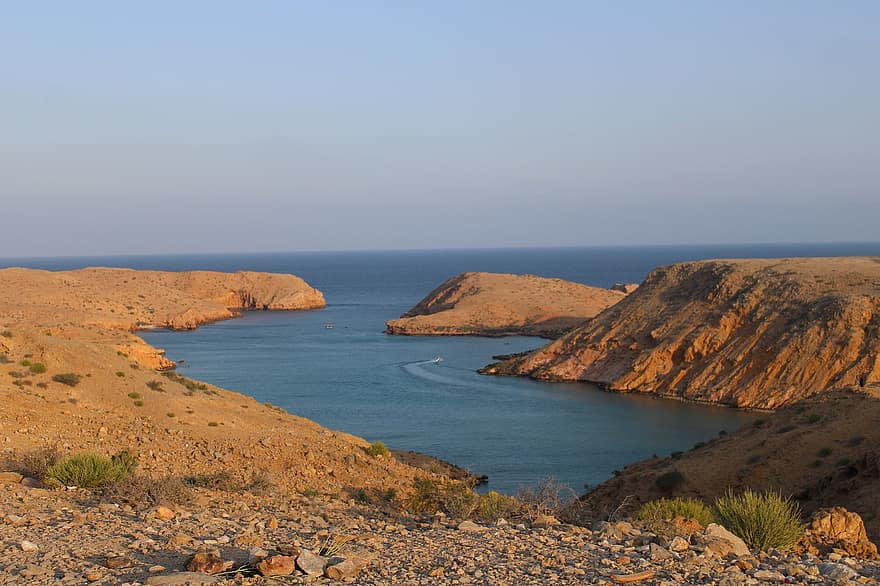 природа, море, туризм, пляж, мускатный, Оман, утес, береговая линия, воды, пейзаж, синий