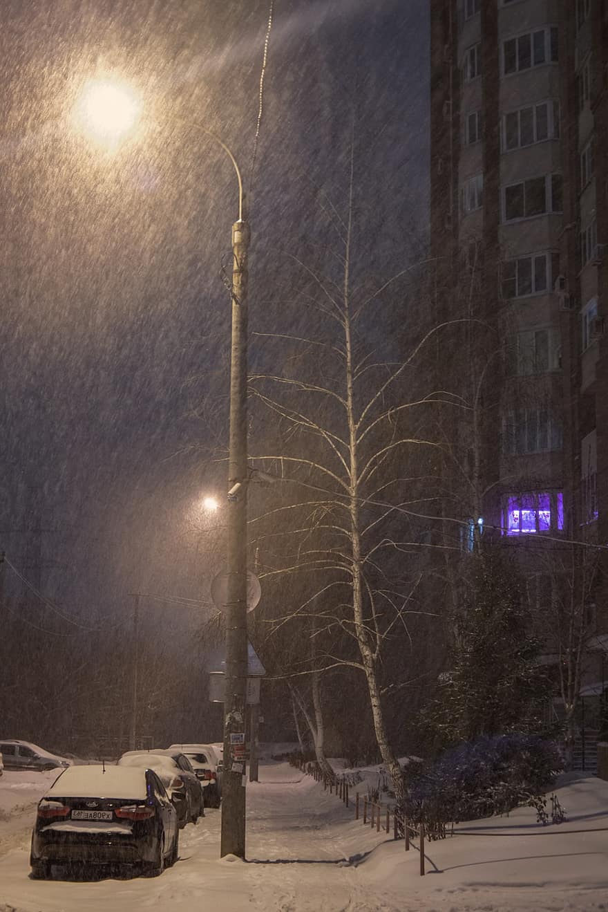 Snowfall, Winter, Night, Street, Snow, Lights, City, Road, Snowing, car, season