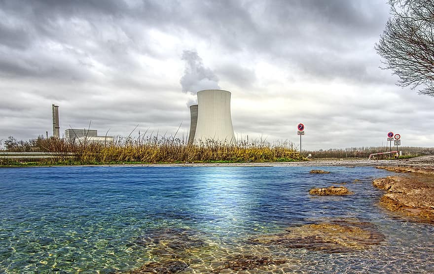 atomerőmű, folyó, fotómontázs, víz, ipar, erőmű, hőerőmű