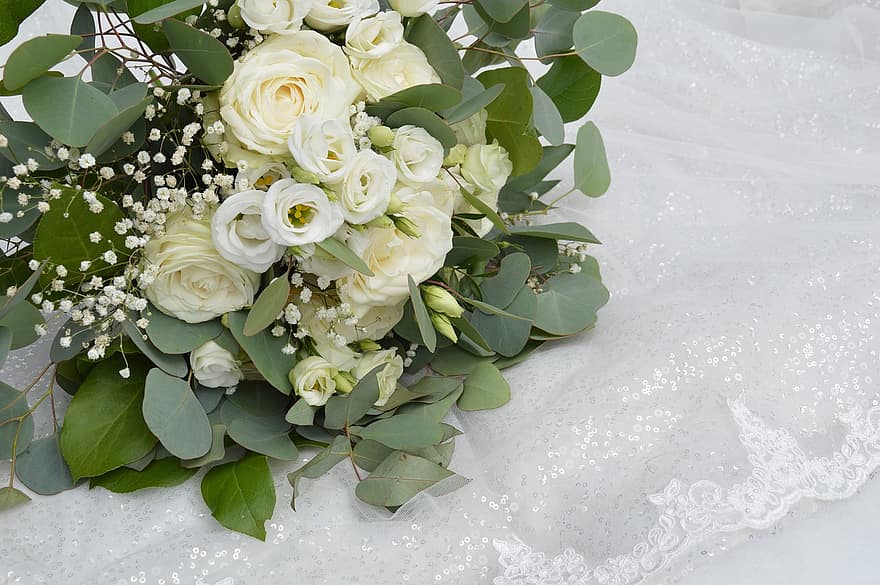 バラ、フラワーズ、ブライダルブーケ、花束、花びら、バラの花、フローラ、自然、前、白いバラ、結婚する
