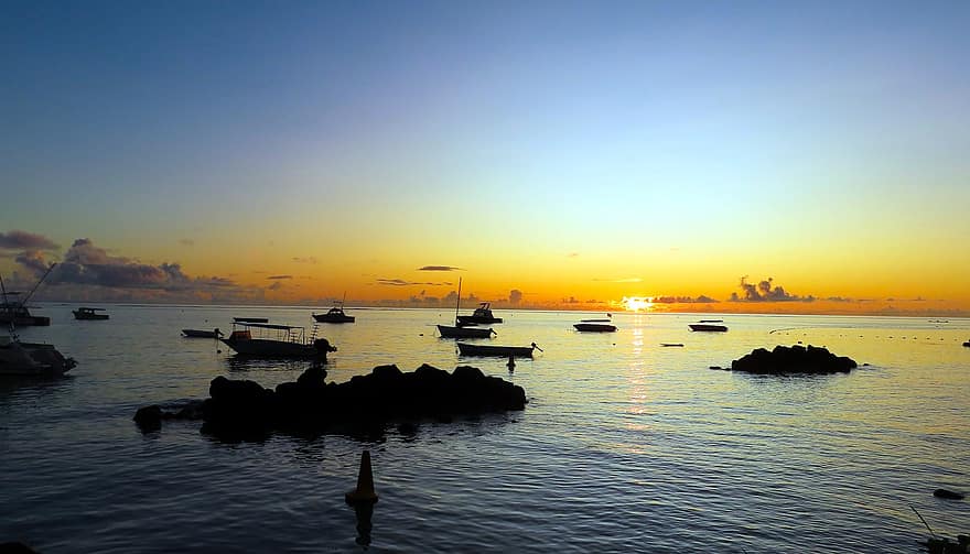 solnedgång, hav, skymning, båtar, kust, natur, horisont, afrika, mauritius, bakgrund, nautiska fartyget