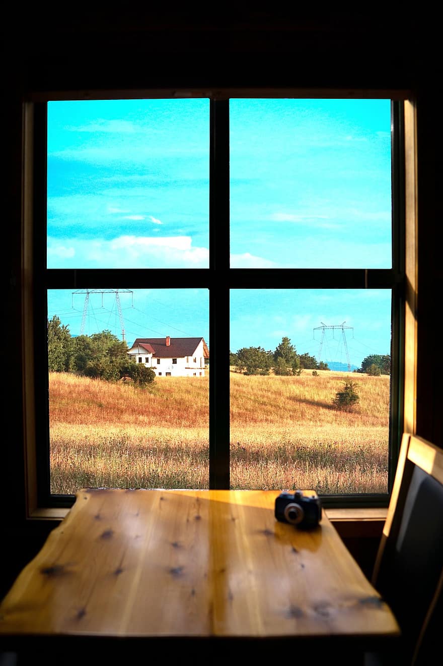 παράθυρο, εξοχή, φύση, αγρόκτημα, πεδίο, σπίτι