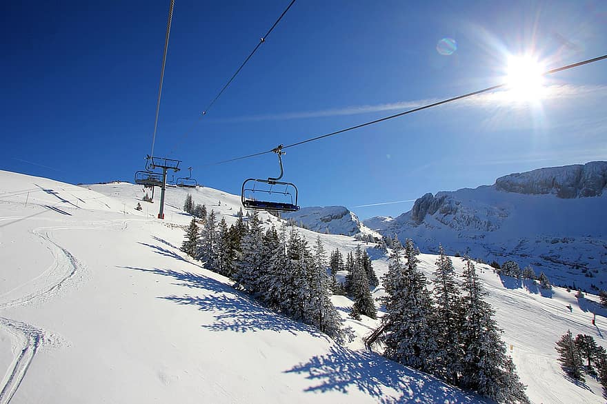 Montagne, neige, remontées mécaniques, hiver, sport, pente de ski, ski, bleu, paysage, saison, sports extrêmes