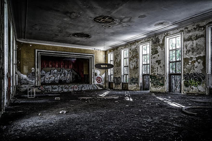 teatre, habitació, abandonat, decaïment, vell, grafitti, llum