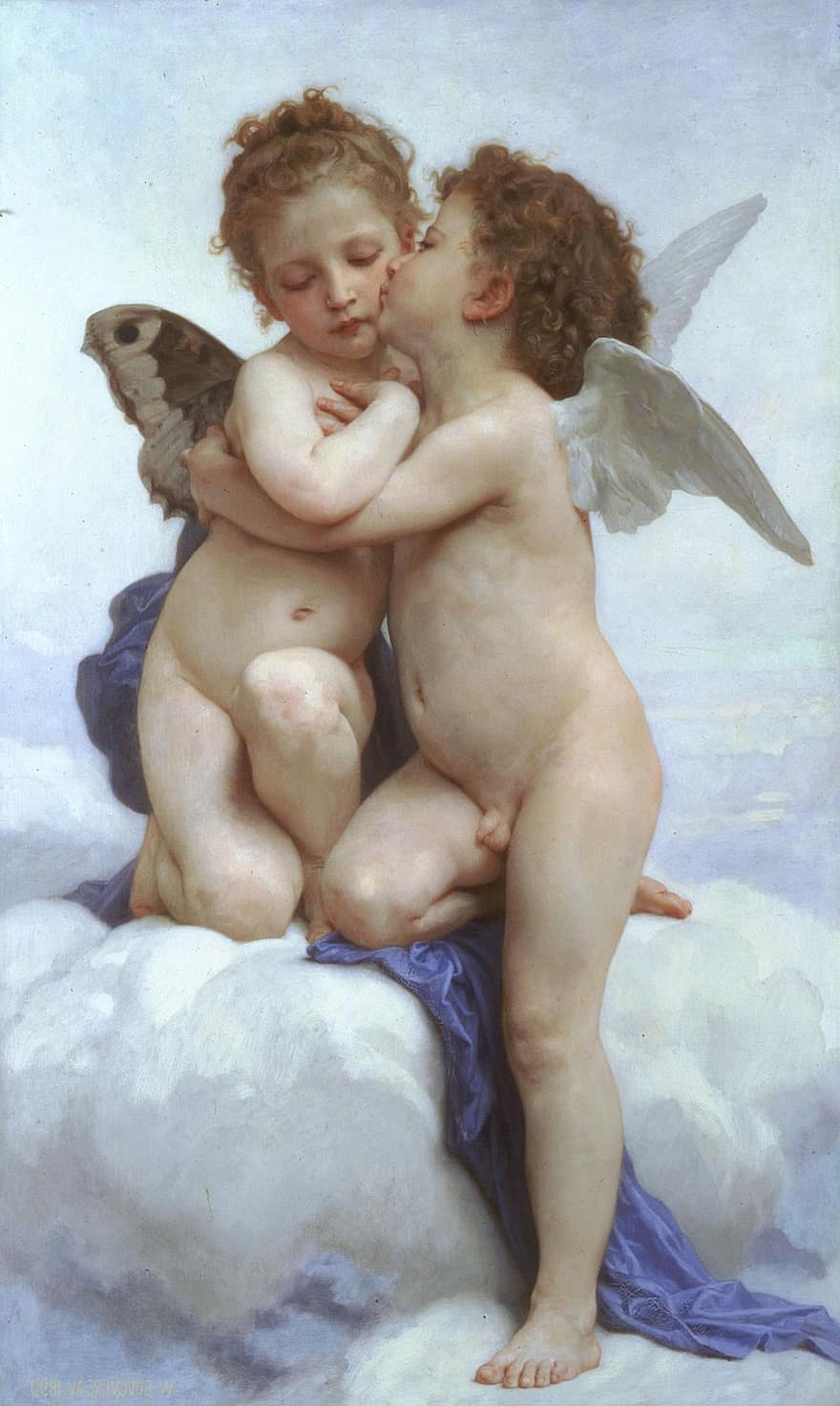 Bouguereau, ciuman pertama, dewa asmara, jiwa, anak-anak, cinta, malaikat, sayap, awan