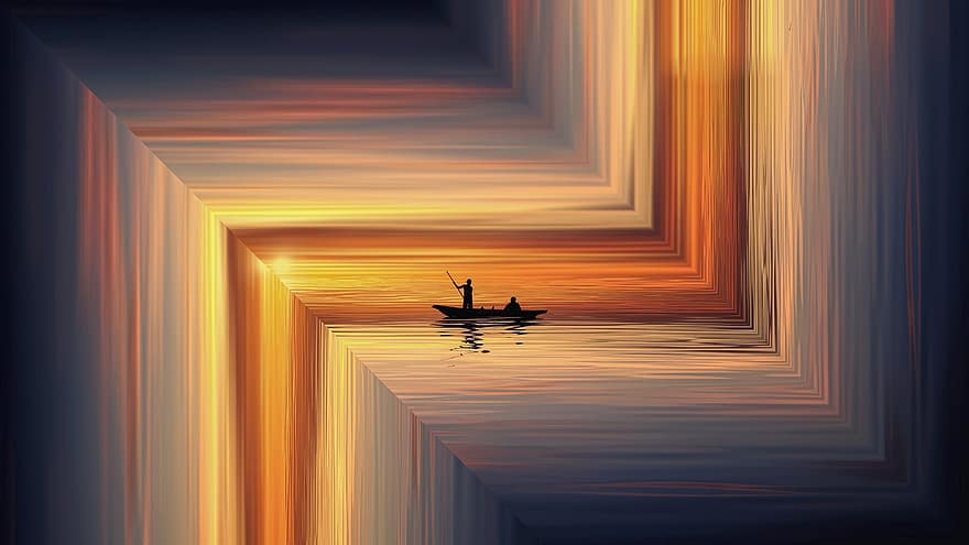 Sea, Boat, Sunset, Abstract, Fantasy, Rowing, Ocean, Water, Travel, Relaxation, Horizon