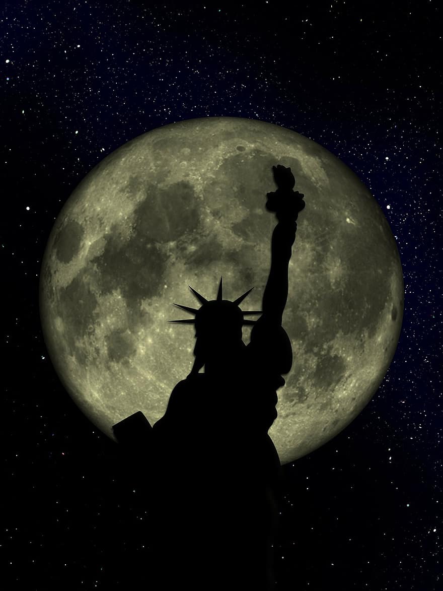 Luna, pieno, cielo, cielo notturno, universo, cielo stellato, spazio, statua della Libertà, monumento, Manhattan, statua