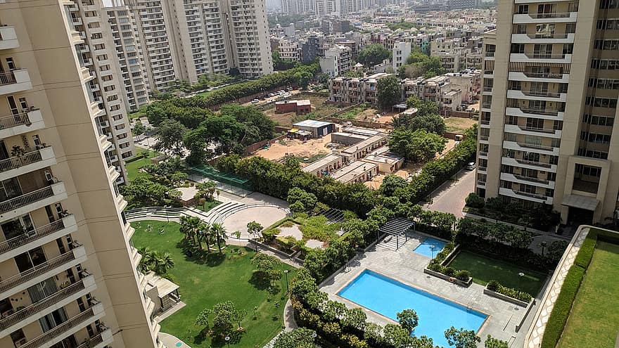apartamentos, piscina, arquitectura, Delhi, ciudad, India, Asia, gurgaon, torre, urbano, edificio