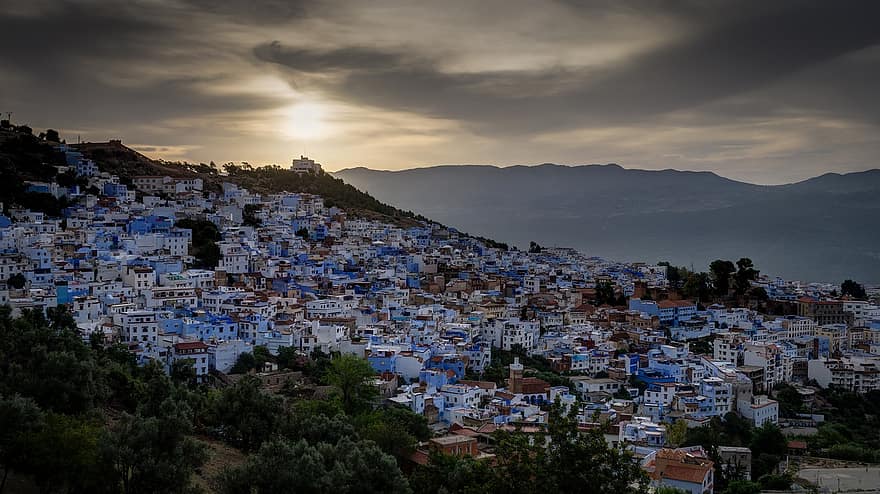 tramonto, città, edifici, montagne, case, Zona residenziale, vista distante, crepuscolo, cielo, Chefchaouen, marocchino