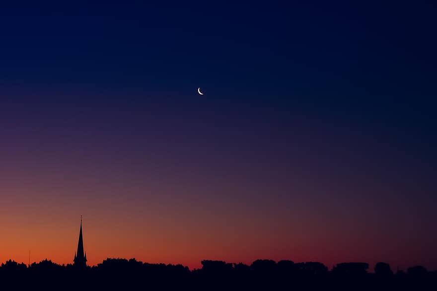 solnedgang, himmel, by, silhouette, måne, skyline, landsby, bygning, kirke, Urban, gradient
