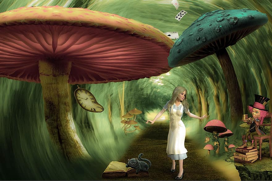 Alice, Wunderland, Pilze, Fiktion, Alice im Wunderland, verrückter Hutmacher, Zeichen, Fantasie, Traum, surreal, digitale Kunst