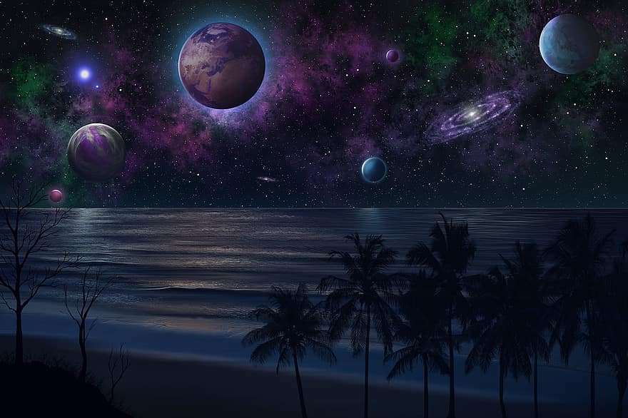 планеты, Луна, звезды, пространство, вселенная, галактика, космос, небо, океан, пальмовые деревья, марина