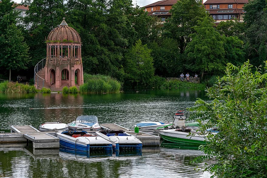 湖、パーク、フライブルク、ドイツ、風景、自然、水、夏、航海船、建築、旅行