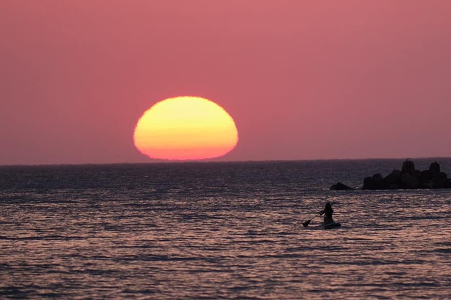 sol, solnedgang, hav, surfbræt, roning, natur, sup, Stand Up Paddle Surfboard, roer, vand, horisont