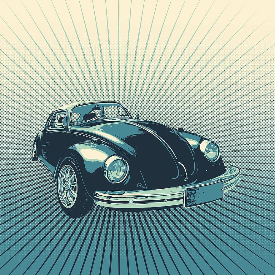 Volkswagen, antikes Auto, VW Käfer, Fahrzeug, Automobil, Wagen, retro, Jahrgang, Blau, Weiß, Poster