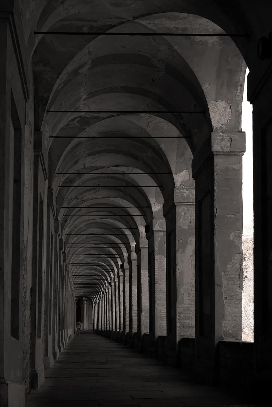 колони, антре, сграда, монохромен, Болоня, архитектура, арка, стар, на закрито, коридор, Черно и бяло