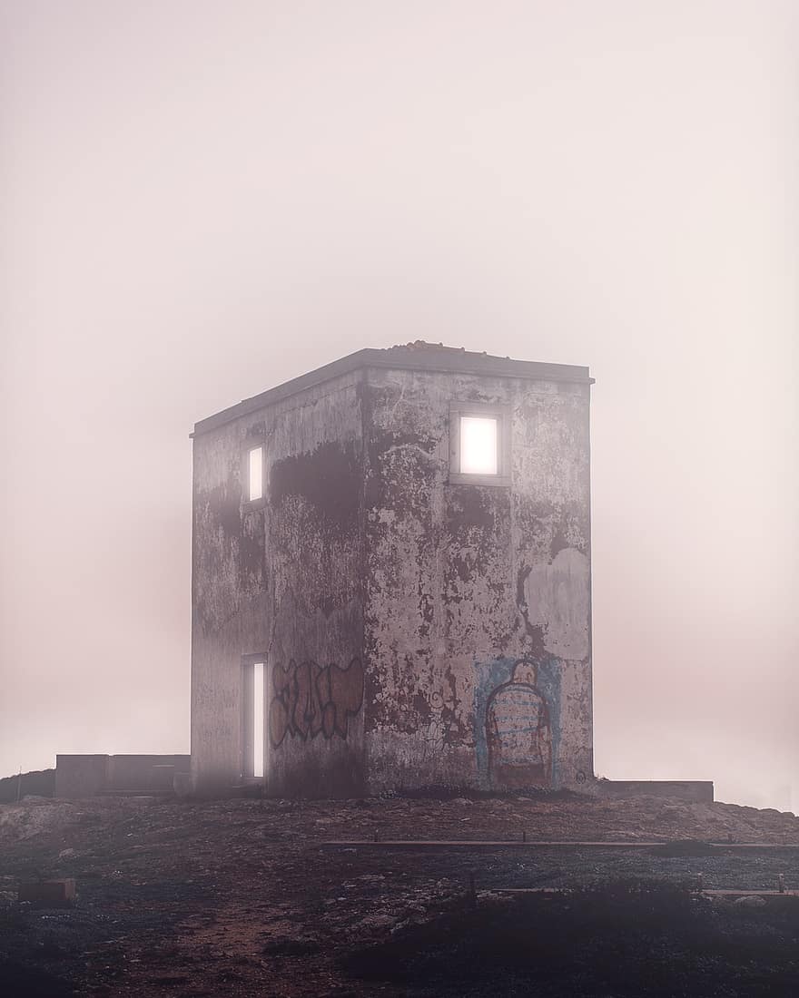 dom, mgła, ruina, budynek