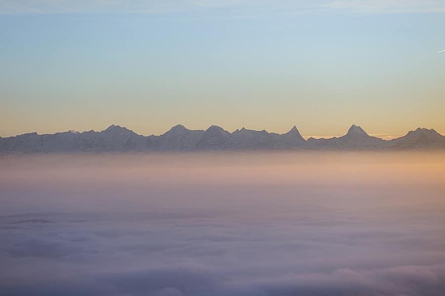 Nature, Fog, Outdoors, Alps, mountain, landscape, mountain peak, sunset, mountain range, blue, sunrise