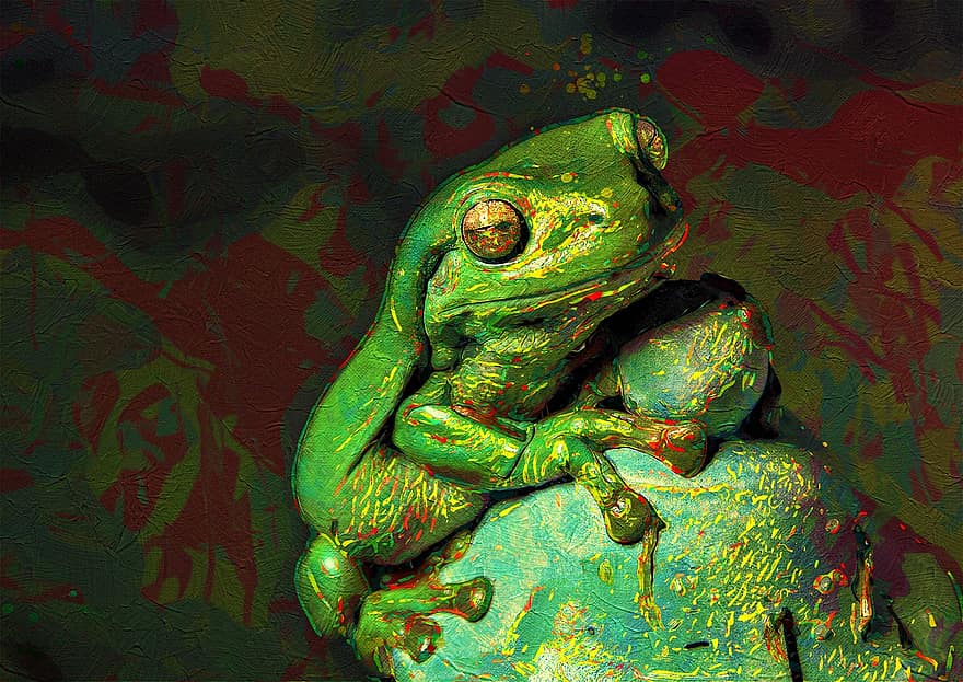katak, hewan, amfibi, katak pohon bermata merah, margasatwa, kreativitas, karya seni, latar belakang, warna hijau, ilustrasi, multi-warna