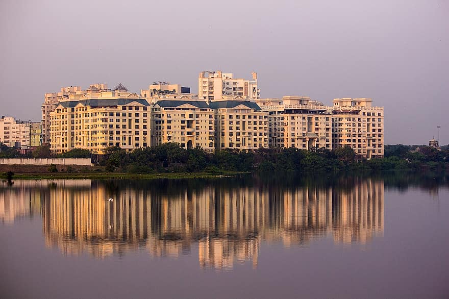 edificio, reflexión, estanque, lago, agua, Chennai