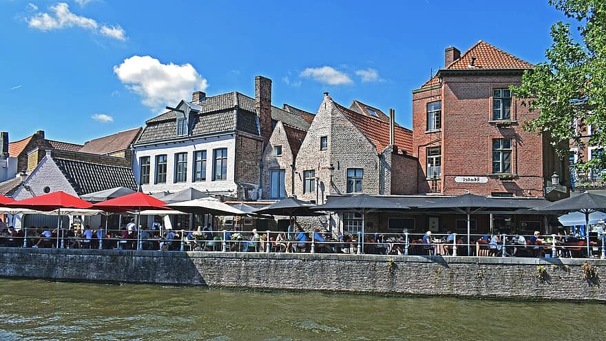 ēkām, upe, kanāls, promenāde, Beļģija, Brugge, arhitektūra, pilsēta, vecs, tūrismu, flanders