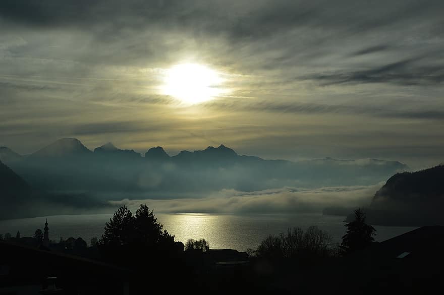 Lake, Mountains, Fog, Silhouette, Clouds, Sun, Sunlight, Sky, Water, Weather, Scenery