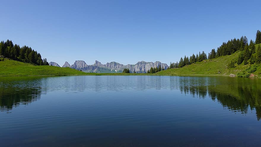 meer, Bos, berg-, reflectie, natuur, landschap, zomer, groene kleur, gras, water, blauw