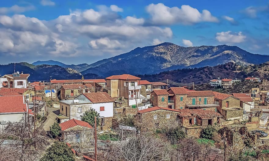 Village, Town, Mountains, Sky, Clouds, Scenery, Houses, Architecture, roof, cityscape, building exterior