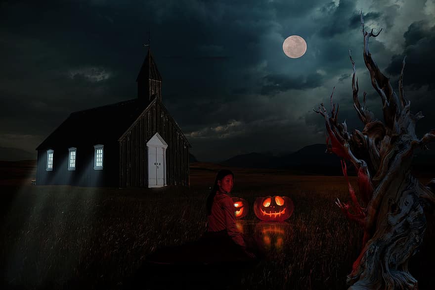 Хелоуин, гробище, църква, зловещ, тиква, страшен, ужас