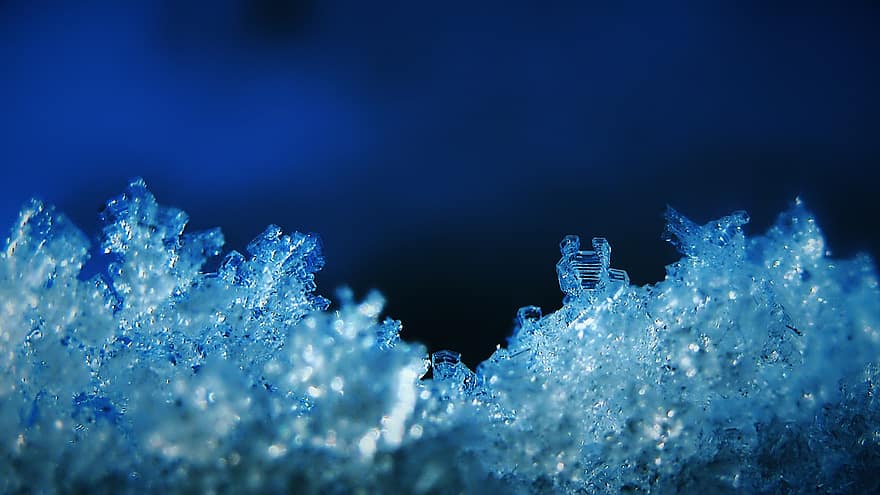 сняг, снежни кристали, лед, скреж, студ, зима, син, макро