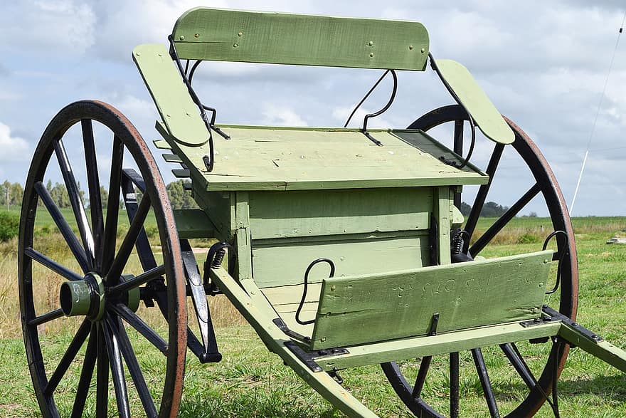 gammal, vagn, landsbygden, gräs, historisk, hjul