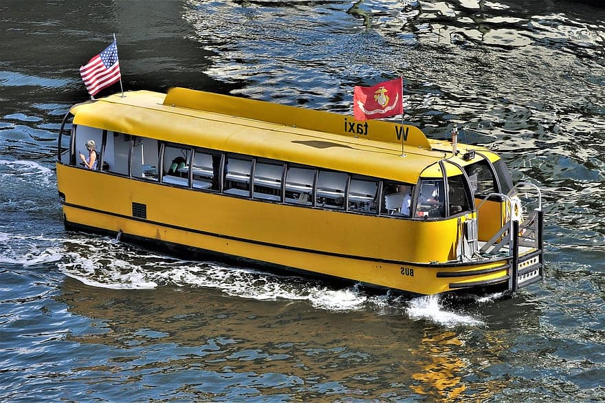 vodní taxi, vodní autobus, řeka, cestovat, doprava, přeprava, vodní vozidlo, plavidlo, slaná voda, voda, žlutá