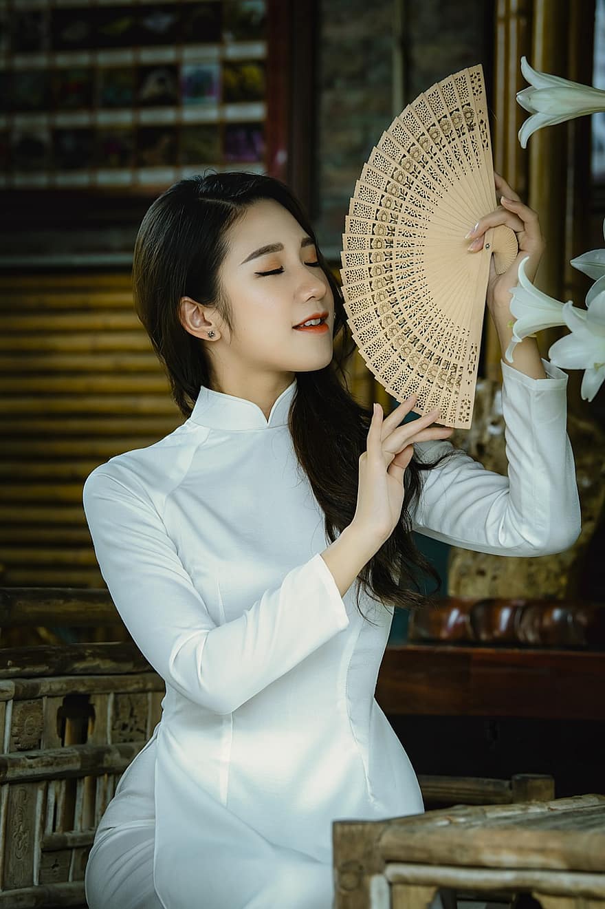 ao dai, moda, mulher, vietnamita, White Ao Dai, Vestido Nacional do Vietnã, ventilador de mão, tradicional, beleza, lindo, bonita