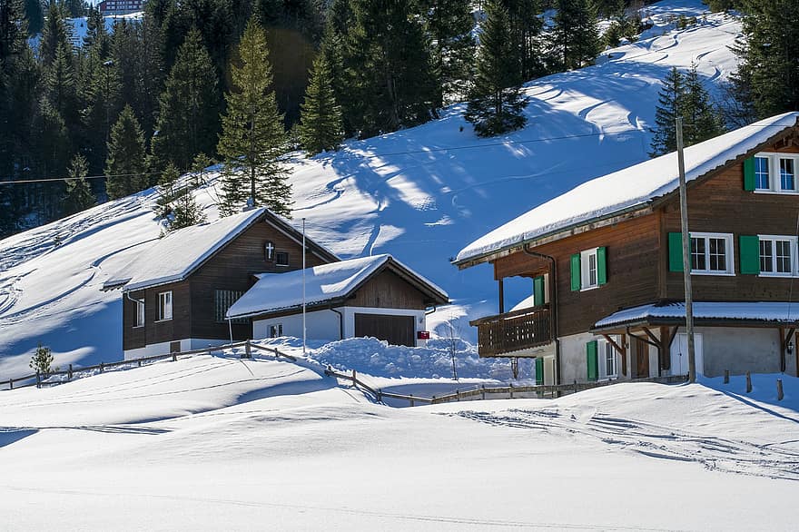 Ελβετία, Άλπεις, χειμώνας, χιόνι, χωριό, κοιλάδα, βουνό, εξοχικό σπίτι, τοπίο, ξύλινο σπιτάκι, άθλημα