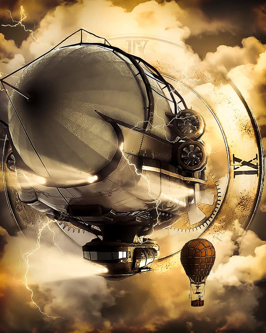 zeppelin, dirigible, rellotge, temps, globus aerostàtic, núvols, fantasia, somni, tecnologia, fons, ciència