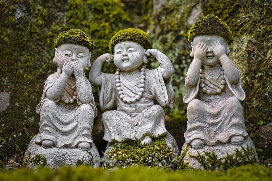 조각상, 조각들, 불상, 작은 불상, 석상, 돌 조각, 장식, 정원, 미야지마, 일본