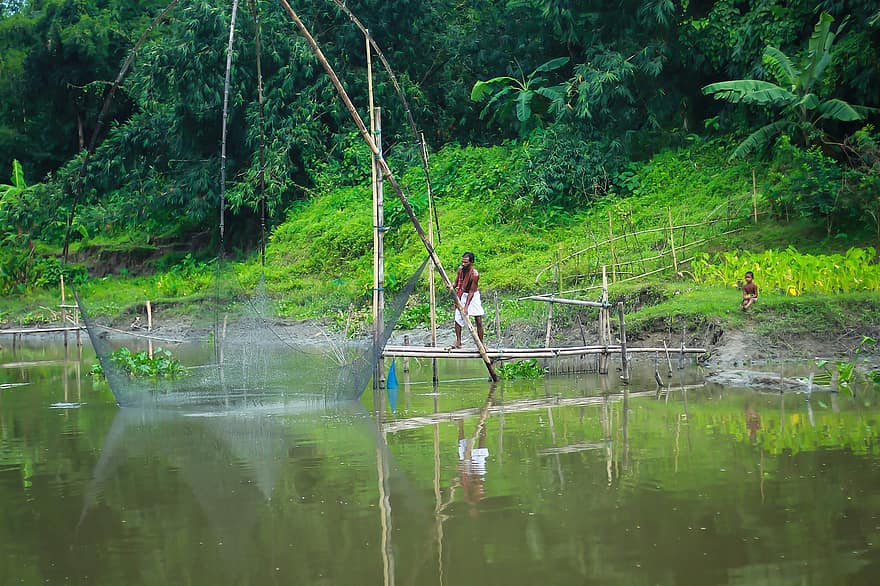 Bangladesh, kylä, kalastus, luonto