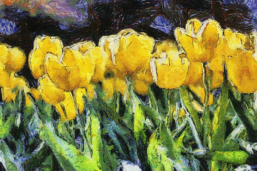 pintura, petróleo, digital, tulipanes, impresionismo, las flores, Flores amarillas, jardín, flora, naturaleza, salvaje