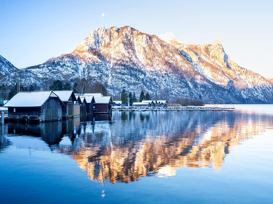danau, musim dingin, Austria, salju, traun, traunsee, ebensee, gunung, air, refleksi, alam