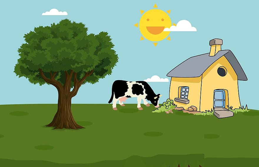 ферма, крава, къща, село, трева, зелен, природа, животно, карикатура, земя, хълм