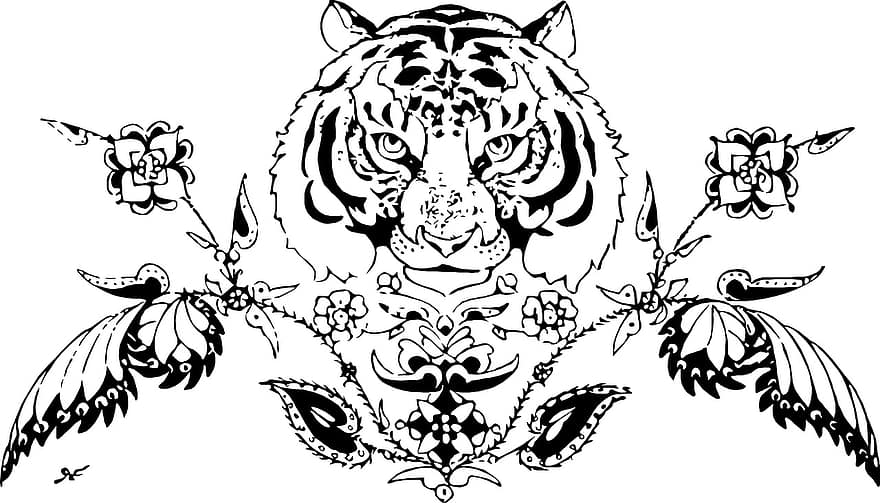 tigre, animal, decoració, flor, patró, simètric, card, banda, pell, full, Exlibris