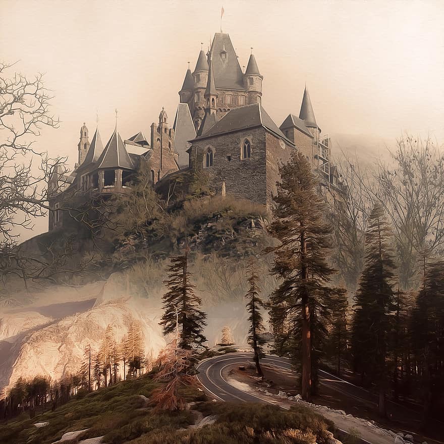 kasteel, weg, landelijk, huis, spookachtig, spookt, nacht, architectuur, boom, winter, Bekende plek