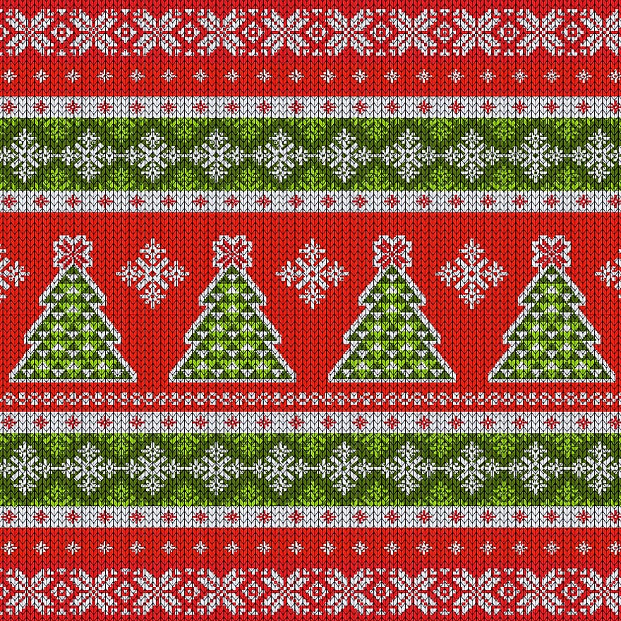 Padrão de Suéter, verde e vermelho, árvore de Natal, floco de neve, suéter, manta, padronizar, geométrico, Natal, vermelho, colorida