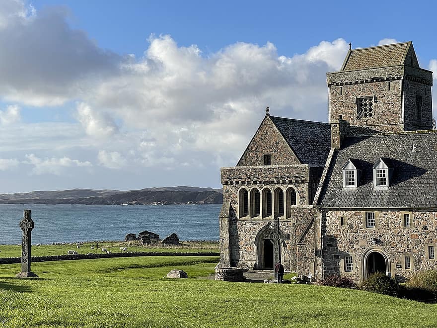 църква, крайбрежие, iona абатство, Iona, Шотландия, Хебриди, манастир, абатство, келтски кръст, море
