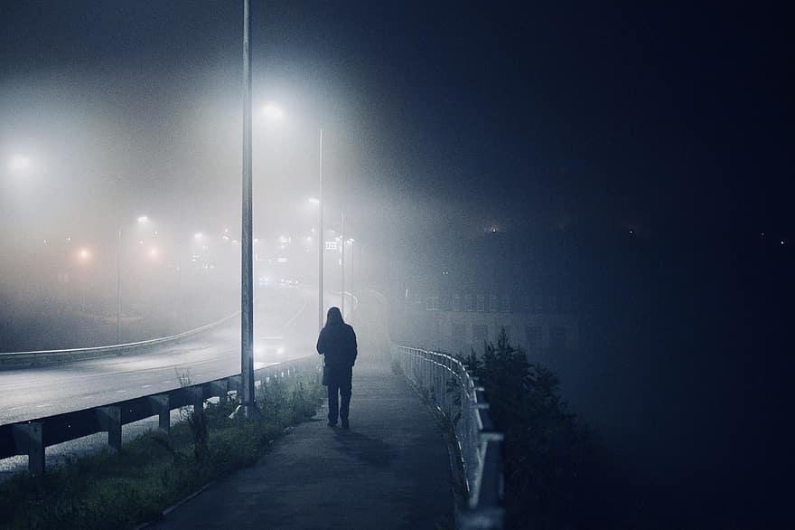 trotuar, ceaţă, noapte, drum, seară, oraș, peisaj