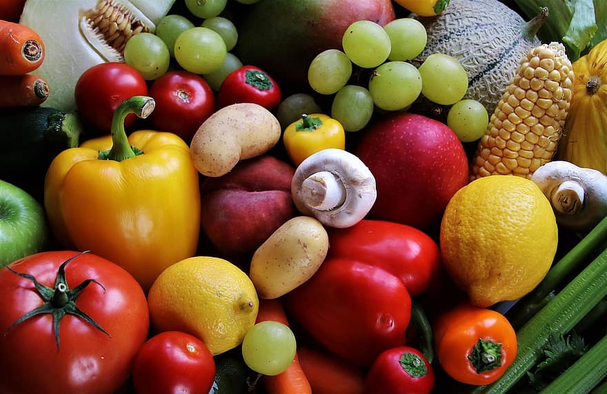 egészséges, zöldségek, gyümölcs, színes, ízletes, organikus, diéta, friss, élelmiszer, vitaminok, vegetáriánus