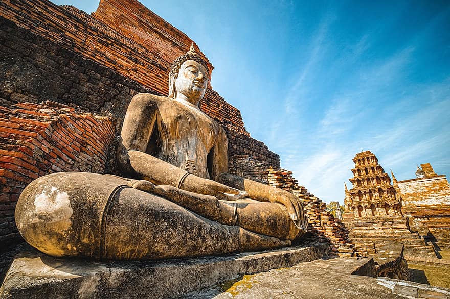 Boeddha, standbeeld, Thailand, Boeddhisme, meditatie, ruïnes, mijlpaal, oud, oude, geschiedenis, reizen