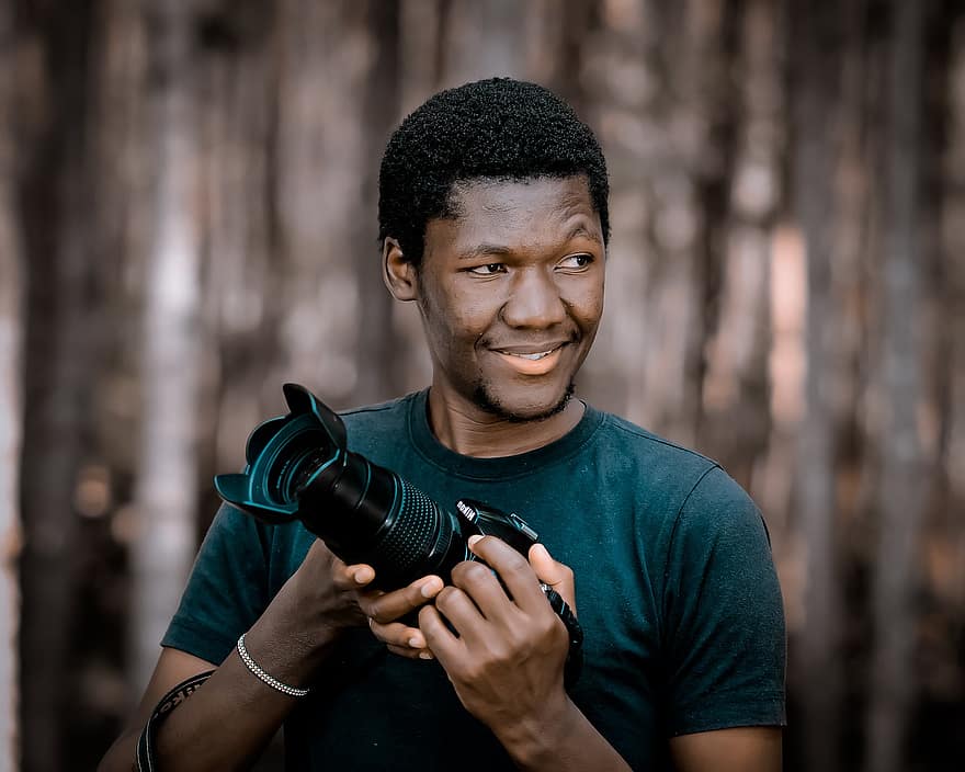 Man, Model, Camera, Photographer, Lens, Equipment, Smile, African American, Happy, Holding